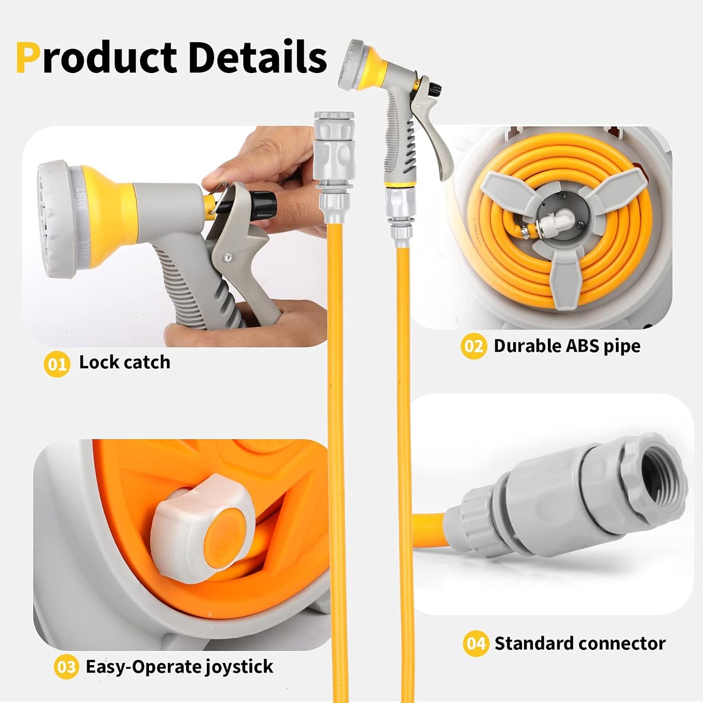 Kitness Mini Retractable Garden Hose Reel, Portable Simple Home 45+5 FT Hose Reel with 7 Adjustable Patterns Spray Nozzle&Standard Connector, Watering Hose Reel for Gardens Yards and lawns (Orange)