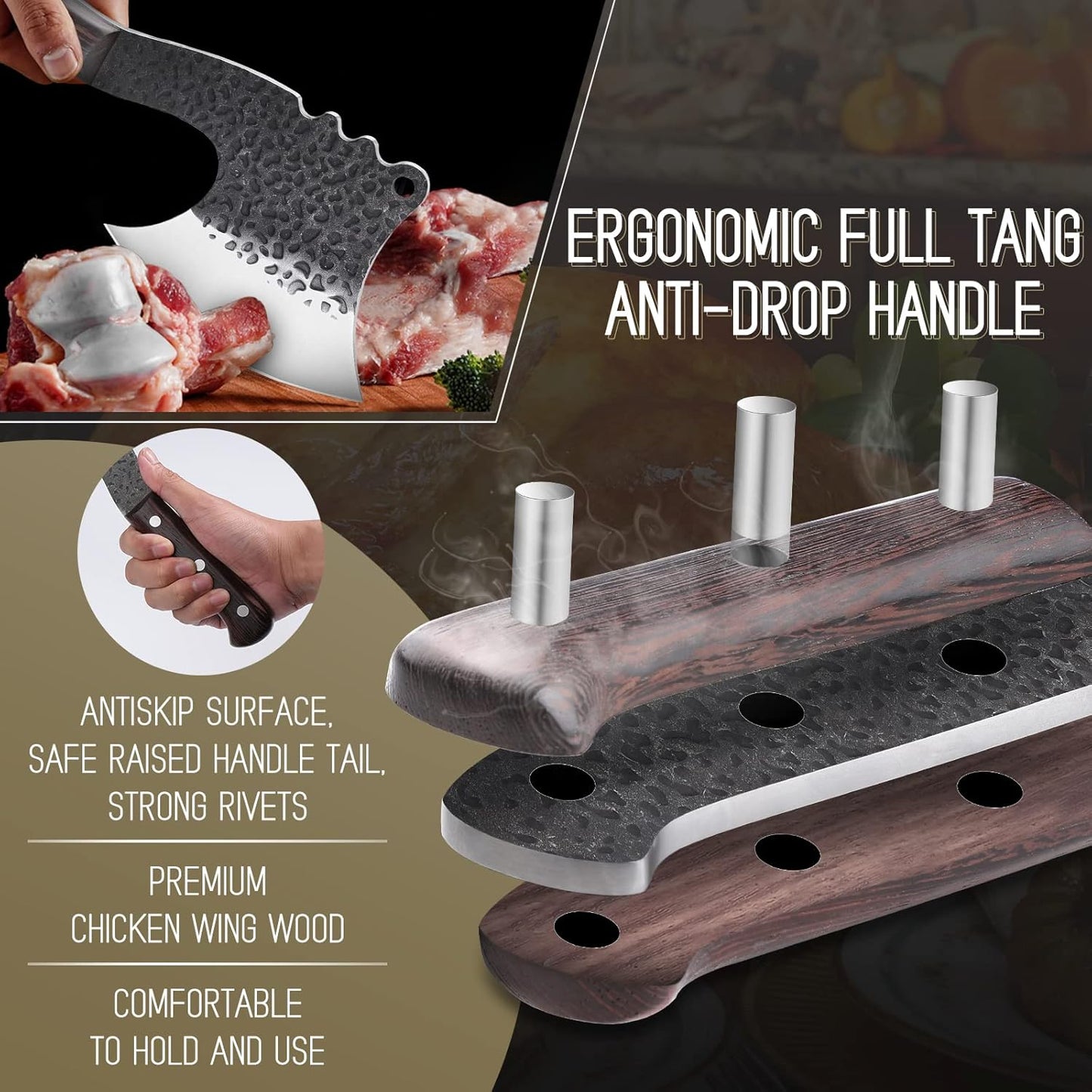 ROCOCO Meat Bone Cleaver Knife for Meat Cutting Handmade Heavy Duty Butcher Axes Hand Forged Full Tang Chopper for Kitchen Outdoor BBQ Chirstmas Mother Father Gifts Idea Men Black