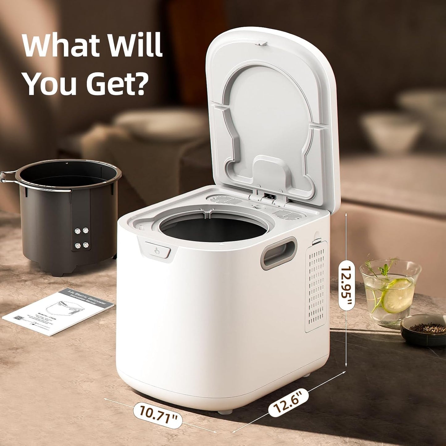 Compost Bin for Kitchen - 4L Countertop Composter with Odorless Auto-Cleaning, Turns Food Waste to Fertilizer in 5 Hours, for Indoor Home Use