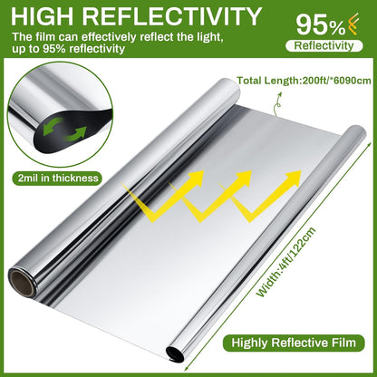 4 x 200 Ft Highly Reflective Film Roll Heavy Duty Horticulture Film Roll for Outdoor Indoor Plant Grow Tent Warm House Greenhouse Room, 2 Mil Silver