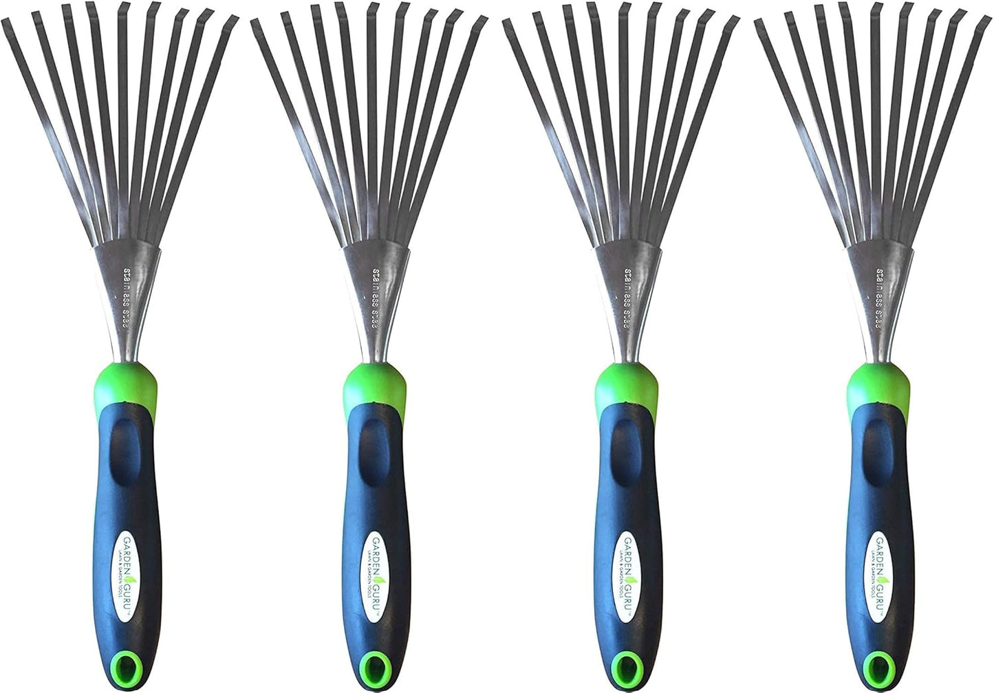 Garden Guru Stainless Steel Hand Rake Soil Tiller with Ergonomic Handle, Great for Gardening, Cultivating, Loosening Soil & Spreading Mulch (4 Pack)