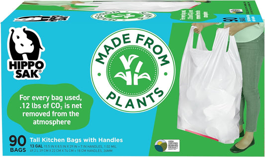Hippo Sak - Plant Based Tall Kitchen Garbage Bags with Ergonomic Handles - 13 Gallon Trash Bags