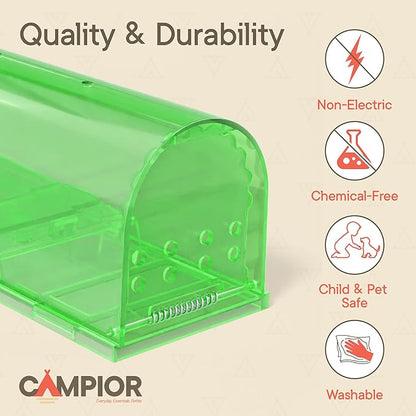Humane Mouse Trap Pack of 2, Live Mouse Traps Catch and Release for Indoors & Outdoors, Pet & Child Safe, 6.69" Reusable Plastic Mouse Cage with Spring Door, Cleaning Brush Included, Green