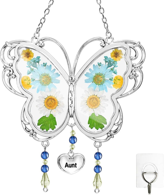 LARAINE Butterfly Suncatcher with Pressed Flower Wings Mom Mother's Day Butterfly Glass Wind Chime Ornament Charm with Metal Heart Gifts for Mom Grandma Aunt Birthday (Aunt, Blue)