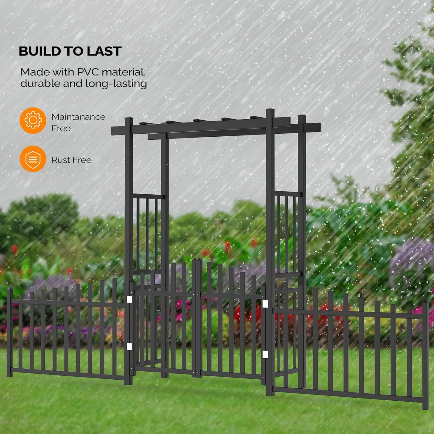 VINGLI Garden Arbor with Gate and Fence, PVC Frame Trellis Garden Arch for Plant Climbing, Vinyl Pergola Wedding Arch Backdrop Standing for Backyard, Lawn, Event (Black)