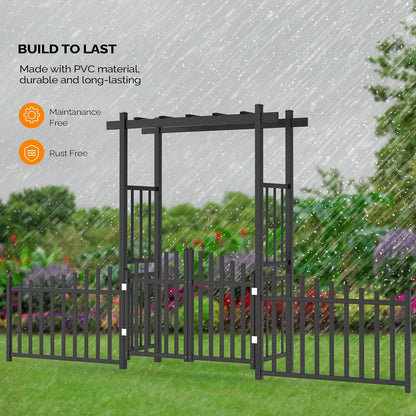 VINGLI Garden Arbor with Gate and Fence, PVC Wedding Arch for Ceremony Party, Garden Trellis for Climbing Plants Outdoor, Arch Backdrop Stand for Garden, Backyard, Lawn, Wedding (Black)