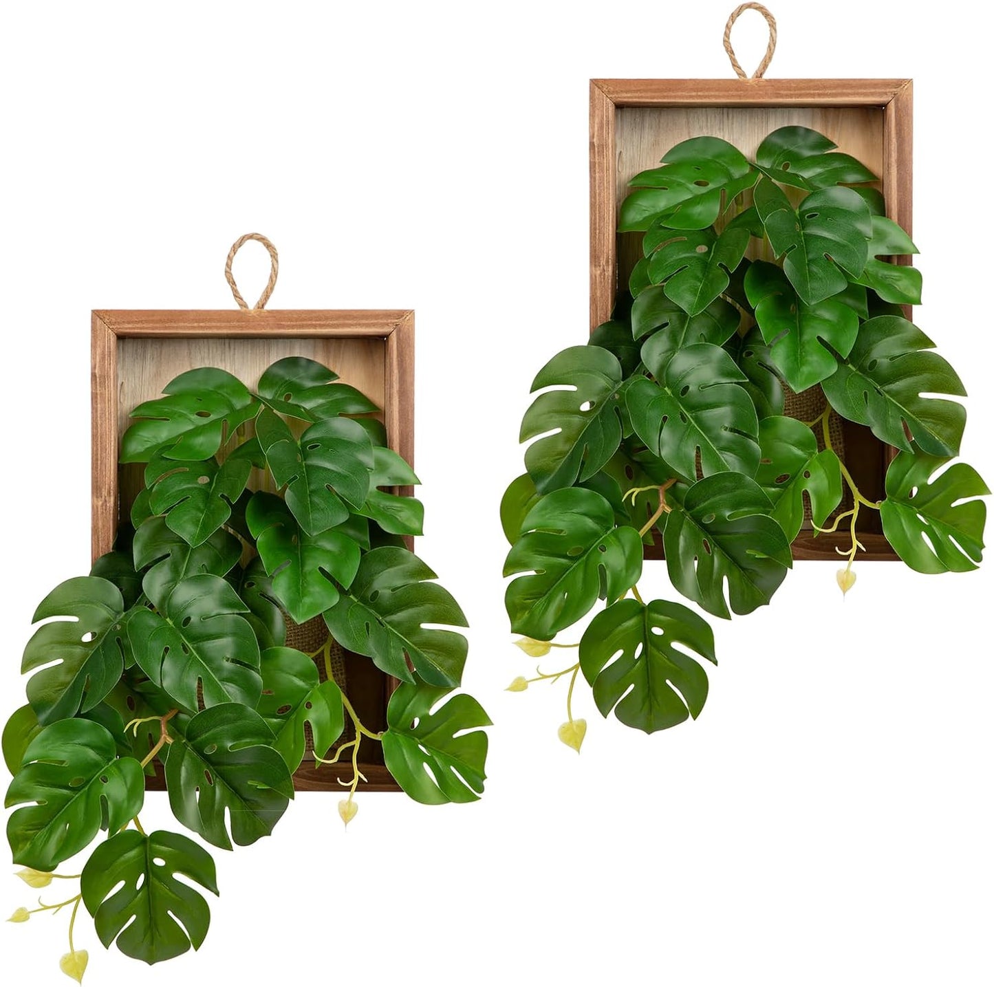 DILATATA Artificial Hanging Plants with Wooden Frame 2 Pack Faux Monstera Leaves Hanging Vine Greenery Plants for Living Room Bedroom Farmhouse Office Home Decor