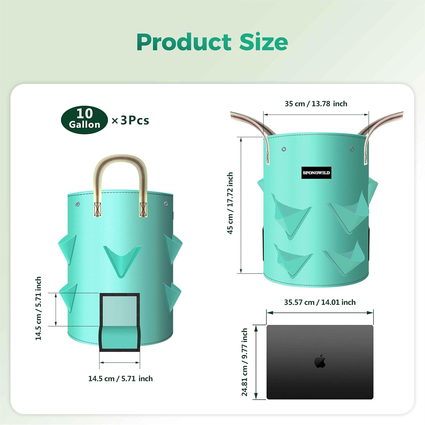 3 Pack 10 Gallon Strawberry Grow Bags, Heavy Duty Reusable PE Pots with Breathable Window, Branch & Drainage Holes, Reinforced Handles for Strawberries, Veggies, Flowers, Balcony/Patio Use