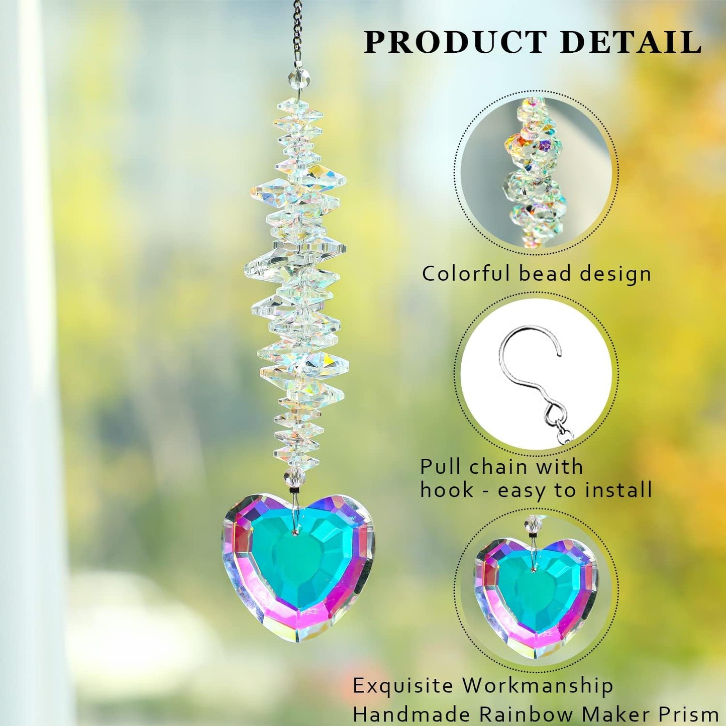 Heart Shaped Suncatcher Crystal Colorful Beads Prisms Pendant Sun Catcher Crystals for Windows Indoor Outdoor Garden Hanging Ornament Gifts for Mothers Christmas Decor