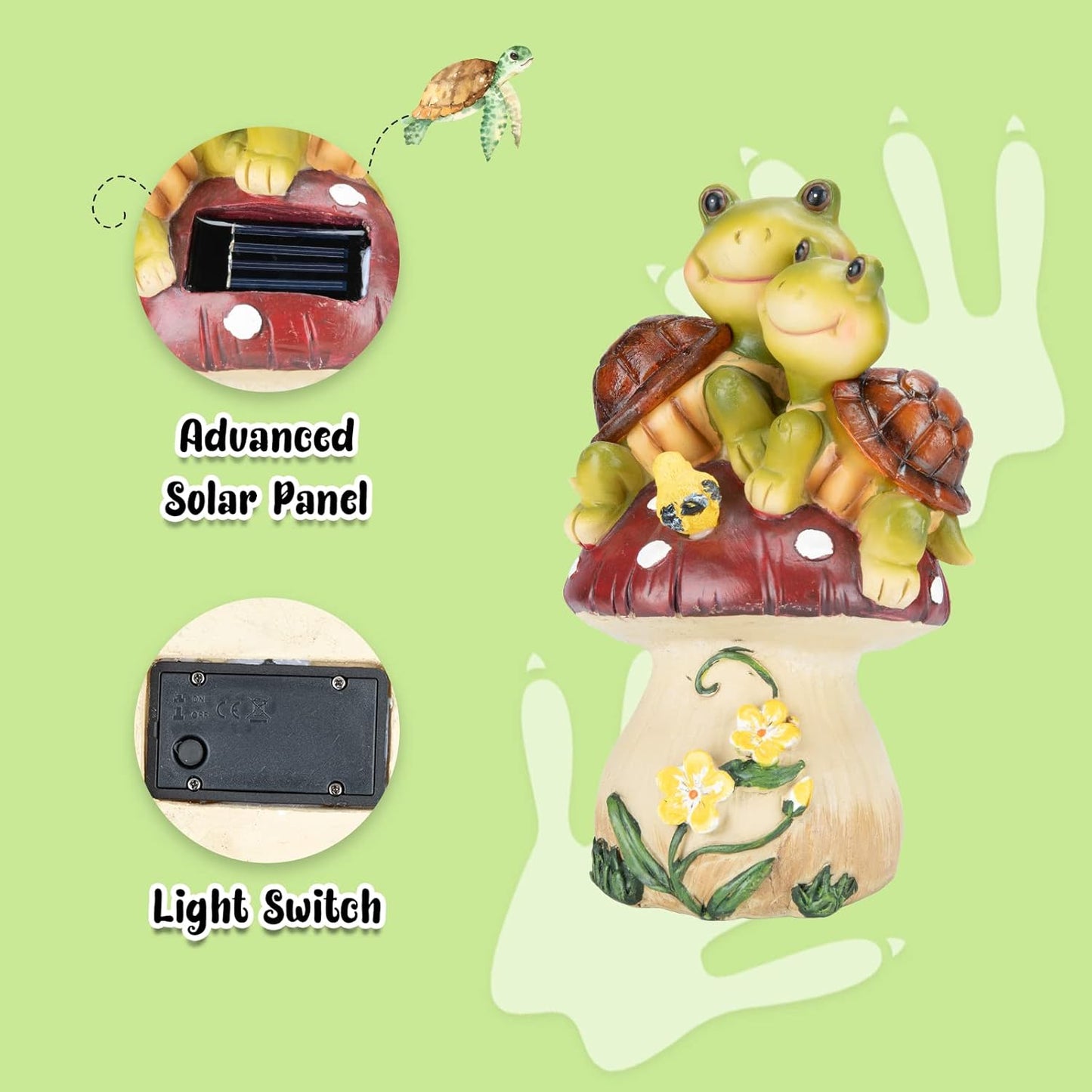 Garden Statues Turtles Outdoor Decor, Resin Turtles Figurines Lights Sculptures with Solar Light, Lovely Turtle with Mushroom for Garden Patio Yard