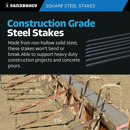 Sandbaggy 18" Square Steel Concrete Form Stakes with Nail Holes - 5/8" Wide - Rust Resistant - Removable/Reusable - Construction Grade Rebar Pins (Square Nail Stakes, 90, Count)