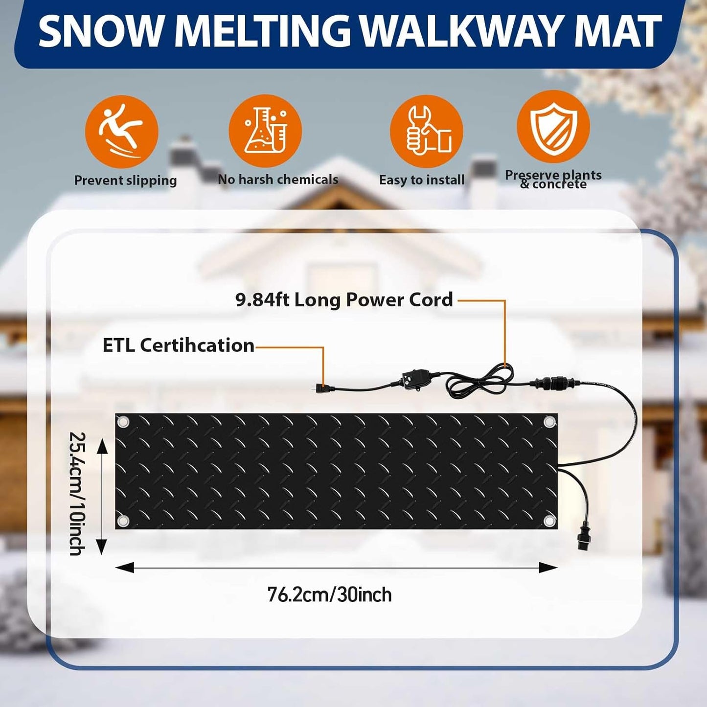 Riakrum 4 Pcs Heated Snow Melting Mats Outdoor, 10 x 30 in Winter Anti-Slip Heated Rubber Mat for Walkways Decks and Sidewalks, Snow and Ice Melting Pads Connection with 9.84 ft Power Cord
