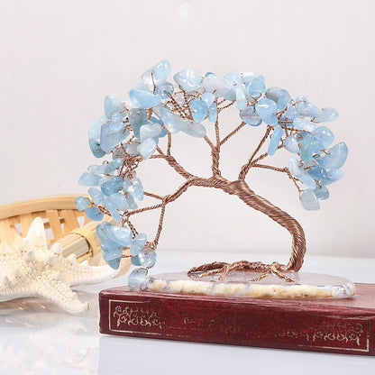 TUMBEELLUWA Reiki Crystal Money Tree with Agate Slice Base Feng Shui Stone Bonsai Tree Figure Decor for Happiness Good Luck and Wealth, Aquamarine