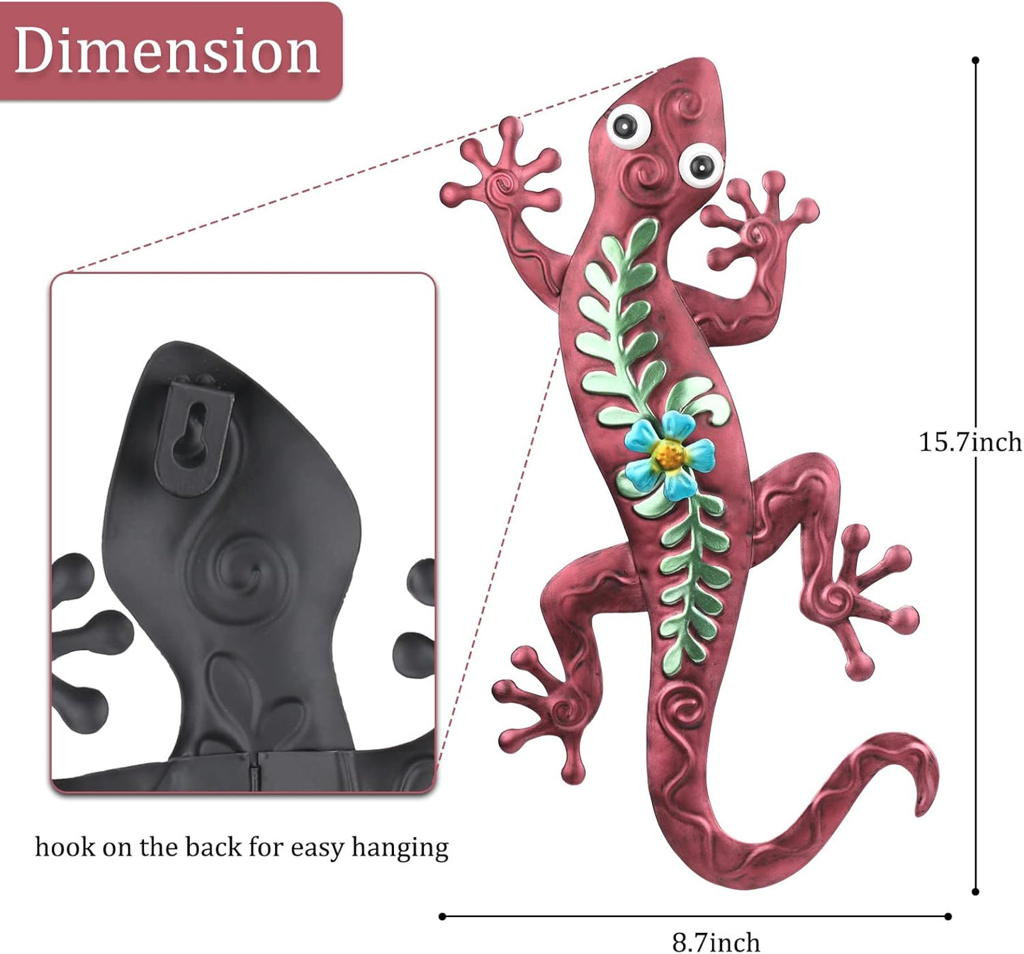 VCUTEKA Outdoor Metal Gecko Wall Art Lizard Wall Sculpture with Flower Outside Wall Sculpture Hanging Wall Decoration for Garden Patio Fence Yard Balcony Decor Brown