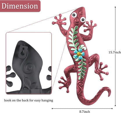 VCUTEKA Outdoor Metal Gecko Wall Art Lizard Wall Sculpture with Flower Outside Wall Sculpture Hanging Wall Decoration for Garden Patio Fence Yard Balcony Decor Brown
