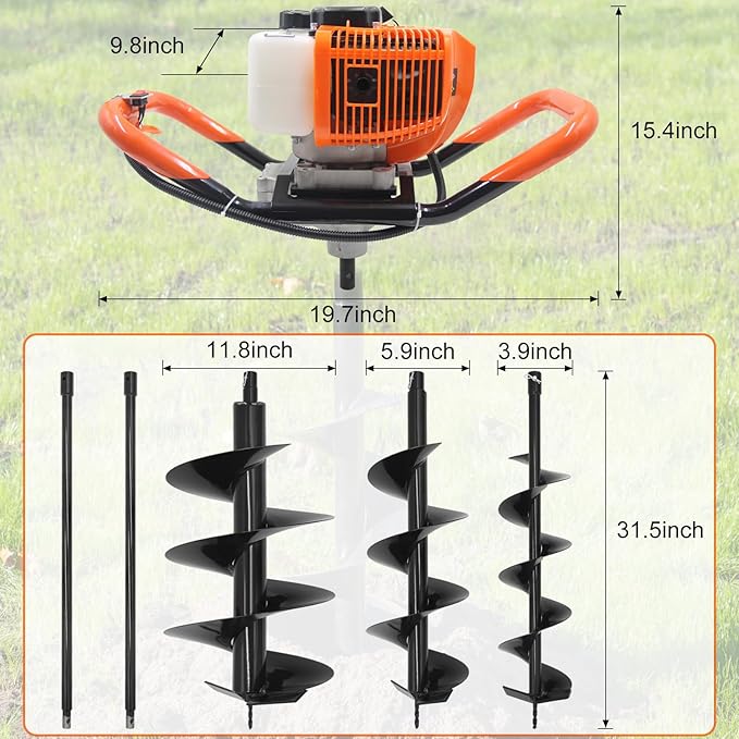 62CC Newly Upgraded Post Hole Digger Gas Powered, 2 Stroke Auger Post Hole Digger with 3 Drill Bits (4" & 6" & 12") + 2 Extension Rod for Planting - Ideal for Farm & Garden
