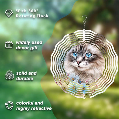 10 Inch Cat Wind Spinner, 3D Stainless Steel Hanging Kinetic Wind Sculpture Gifts for Garden Decor Yard Art Indoor Outdoor Window Porch Front Door Decoration