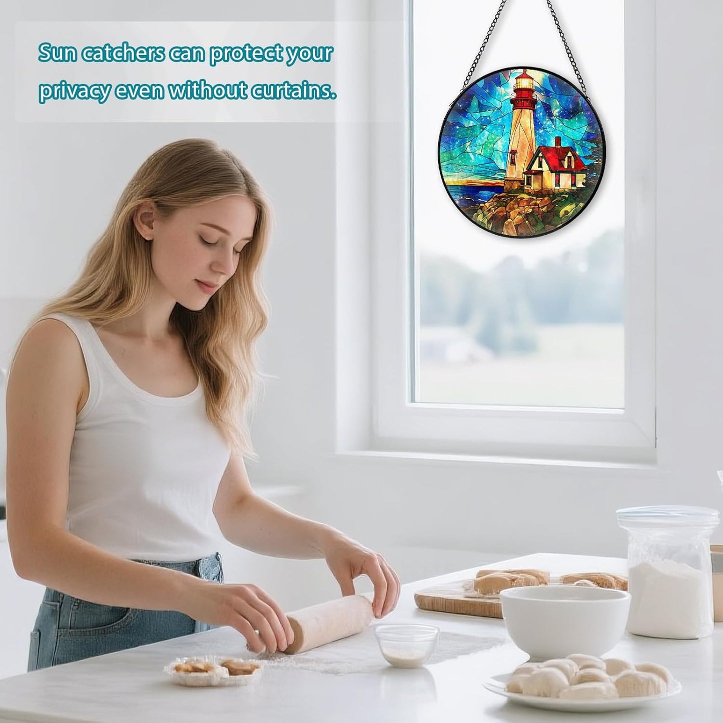 Lighthouse Stained Glass Window Hanging, Suncatcher Diamond Glass Panel Hangings, Suncatchers Indoor Windows Wall Art Decor, Gift for Mom Grandma, Christmas Decor for Home Office Garden 7.87 inches