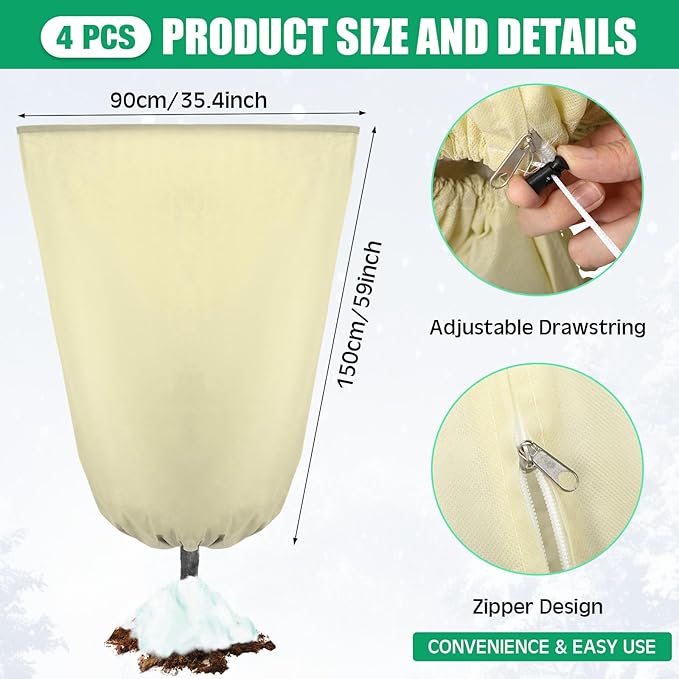 4 Pcs Plant Covers Freeze Protection 35.4" x 59" Winter Frost Blankets for Outdoor Plants with Zipper Drawstring Frost Cloth Freeze Covers Warm Shrub Jacket for Fruit Tree Potted(Beige)