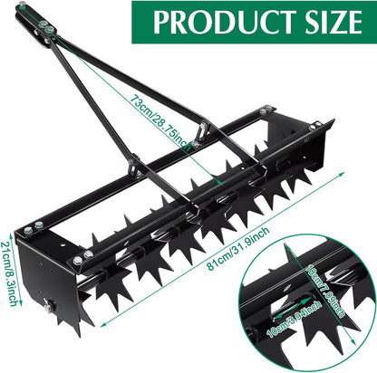 Lasnten 32 Inch Tow Behind Spike Aerator Soil Penetrator Spikes Tractor with Galvanized Steel Tines and Wide Tow Bar Black Lawn Aerator for Home Yard Farm Use