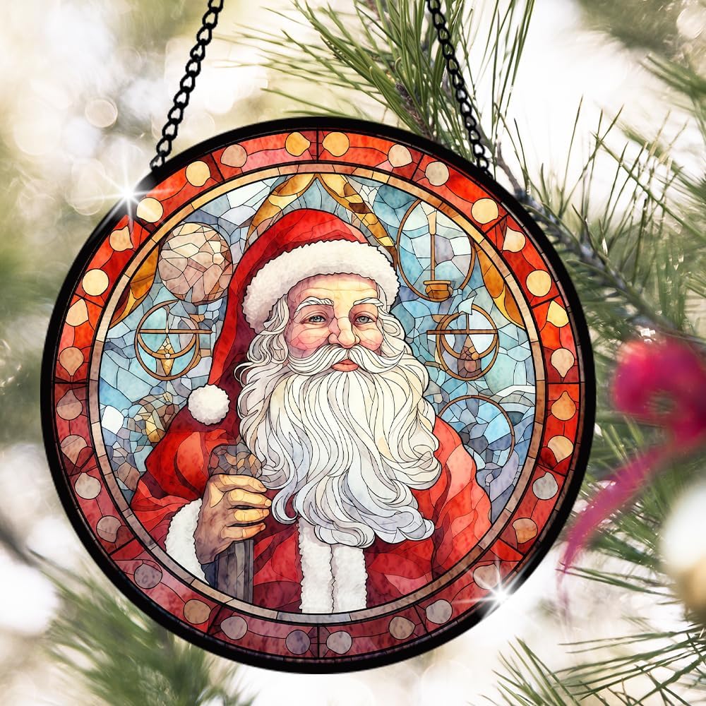 Santa Stained Glass Window Hanging, Christmas Sun Catcher Panel Decoration, Santa Ornament for Xmas, Glasswork Hanging Ornament, Christmas Glass Decor, Xmas Gifts for Winter Home