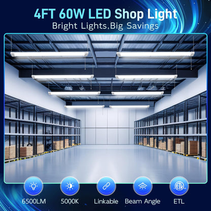 hykolity 1 Pack 4FT Linkable LED Shop Light for Garage, 6500lm, 4FT 60W Utility Light Fixture, 5000K Daylight LED Workbench Light with Plug, Hanging or Surface Mount, White - ETL