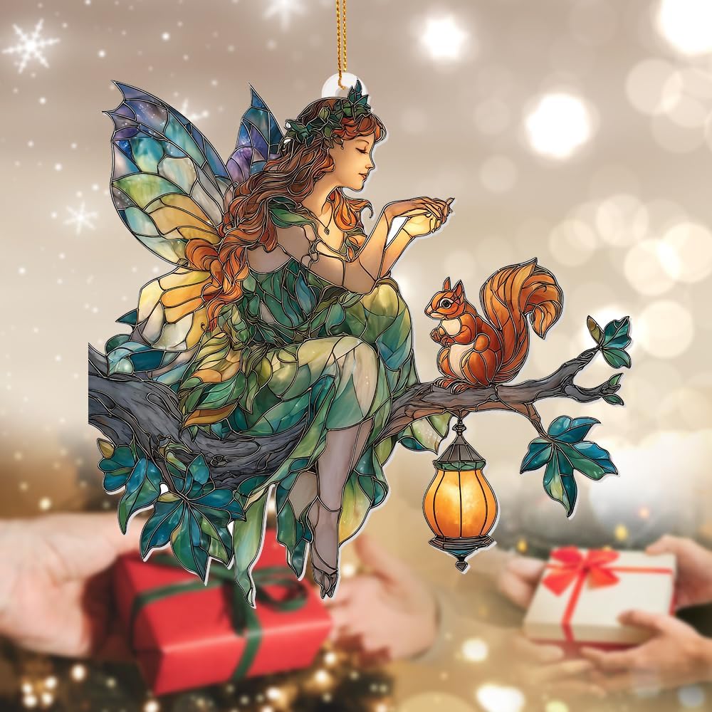 Fairy Ornament Acrylic Suncatcher – Stained Glass Style Fairy Sitting on Branch with Squirrel & Lantern, Fantasy Window Hanging Decor, Enchanted Forest Ornament, for Women (Sun-33)
