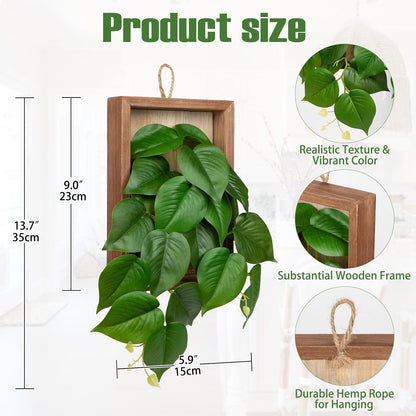 DILATATA Artificial Hanging Plants with Wooden Frame 2 Pack Faux Pothos Leaves Hanging Vine Greenery Plants for Living Room Bedroom Farmhouse Office Home Decor