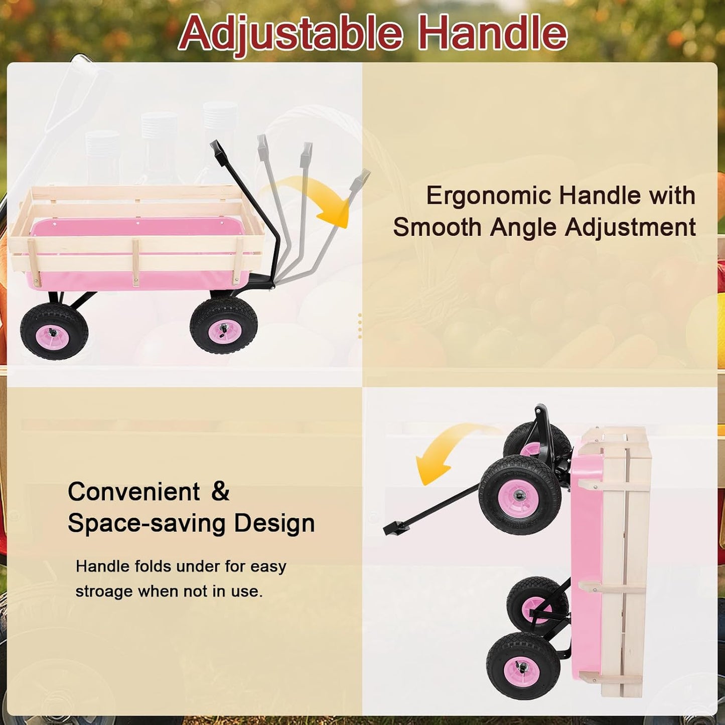 Outvita All-Terrain Cargo Wagon with 10'' Air Tires, Steel Structure Wagon with Removable Wooden Side Panels for Kids, Garden and Cargo, Up to 220lbs Capacity, 38'' L x 19'' W x 31'' H (Pink)
