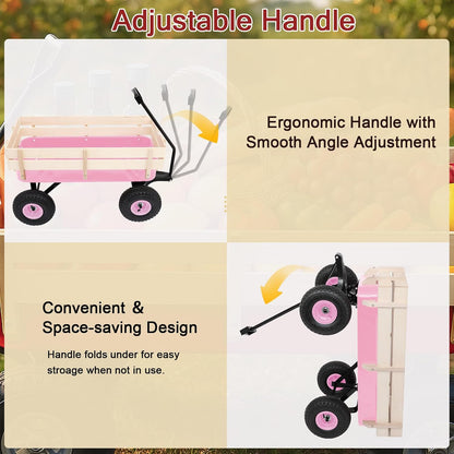 Outvita All-Terrain Cargo Wagon with 10'' Air Tires, Steel Structure Wagon with Removable Wooden Side Panels for Kids, Garden and Cargo, Up to 220lbs Capacity, 38'' L x 19'' W x 31'' H (Pink)
