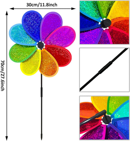 4PCS Flower Wind Spinner Sparkly Lawn Pinwheel 11.8 inch Colorful Rainbow Garden Windmill for Garden, Party, Outdoor, Yard Decor