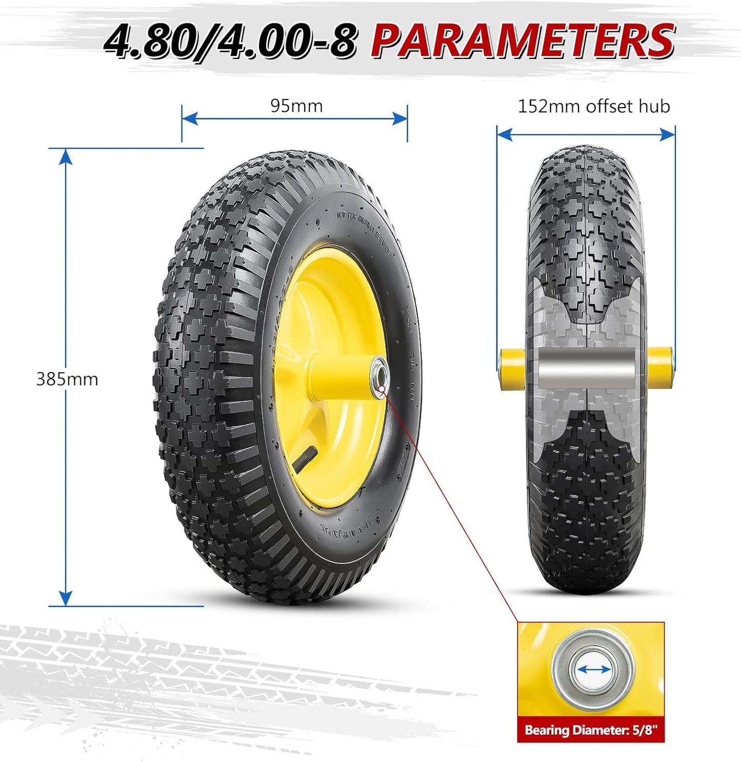 4.80/4.00-8 Tires and Wheels, Replacement Pneumatic Tires 15-Inch Wheel with 5/8" Bearings Compatible with Hand Truck, Wheelbarrow, Wagon, Gorilla Carts Tires(Yellow, 2PCS) P-097
