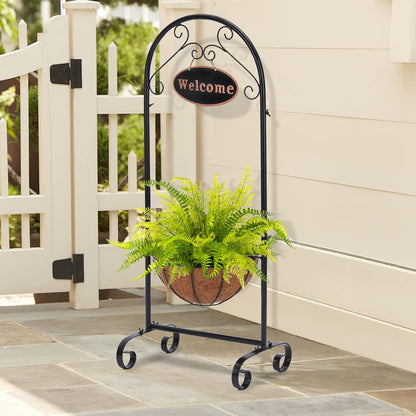 Metal Welcome Planter Basket Stand with Coco Liner, 39.5” Hanging Planter Stand with Decorative Welcome Sign Outdoor Decor for Garden, Patio, Deck, Entry and Front Porch