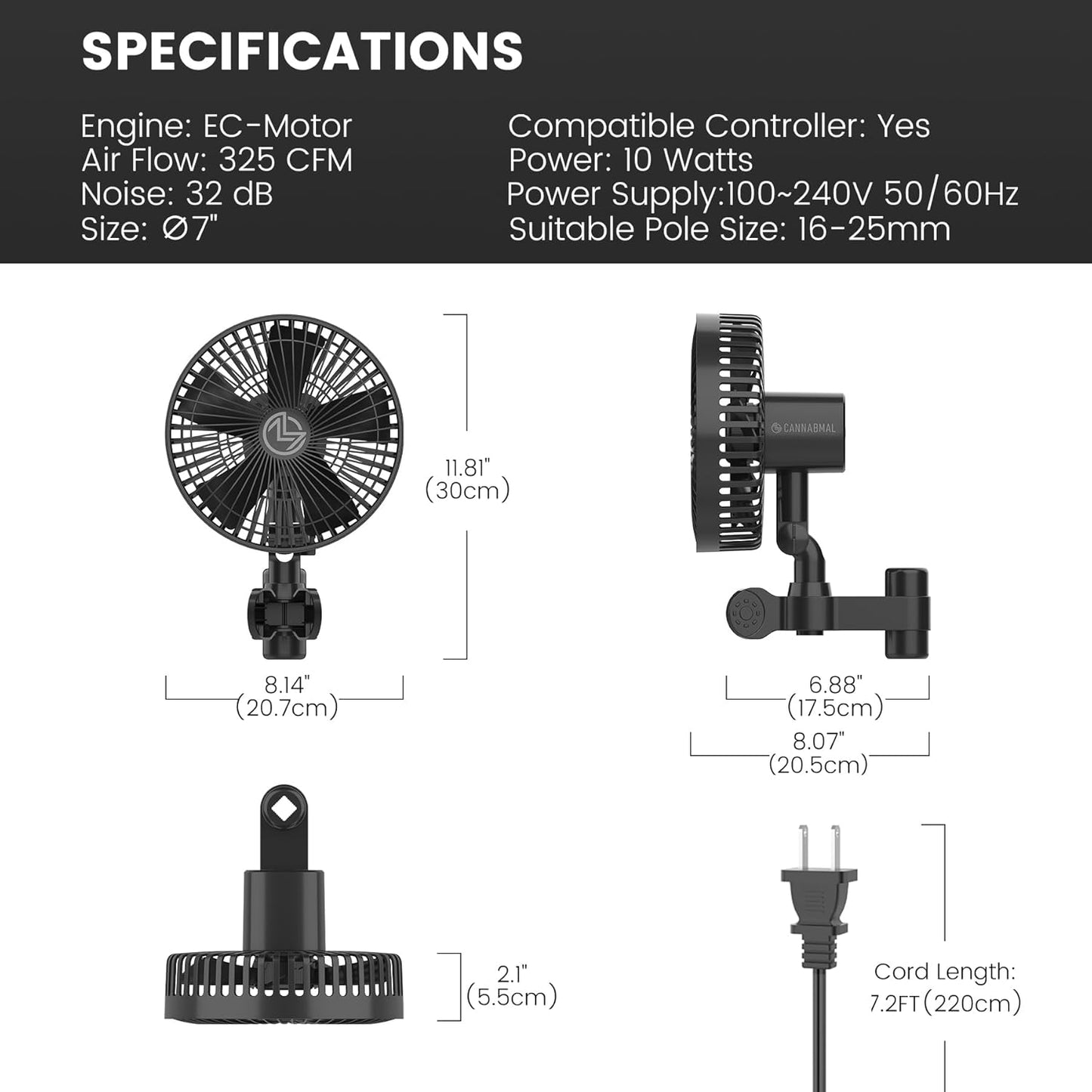 Grow Tent Fan 7 Inch, EC Motor, Link to Smart Controller, Weatherproof IP-44, 4 Speeds Clip On Fan with Quiet Design for Plants, Grow Tent Accessories for Hydroponics Circulation Cooling