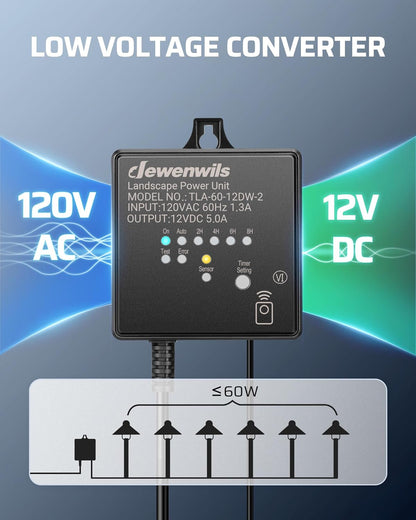 DEWENWILS 60W Low Voltage Landscape Transformer with Remote Control, 120V AC to 12V DC, Dusk to Dawn & Timer, Outdoor Low Voltage Transformer for Spotlight, Garden Light, Pathway Light, FCC Listed