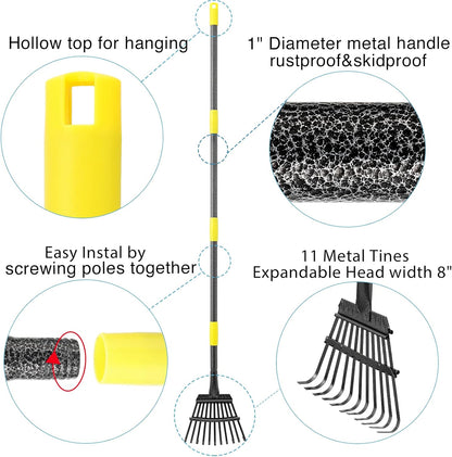Oliynedy Adjustable Metal Garden Rake for Leaves - Long Handle 30-60", 11 Tines 9" Wide - Small Lawn Collapsible Yard Rake for Adults and Kids - Camping, Flower Beds, Mulch, Shrub