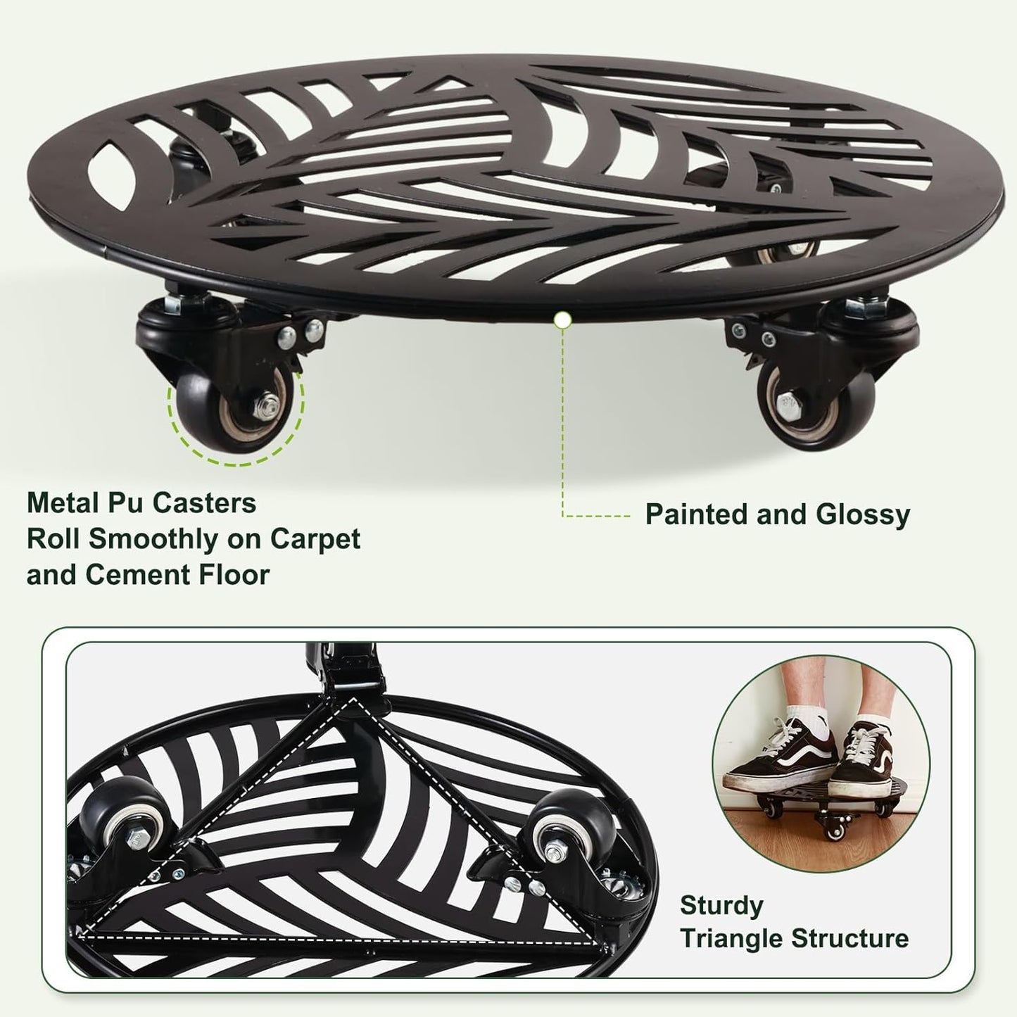 2 Packs Large Metal Plant Caddy with Wheels 13.6" and 12" Heavy-duty Wrought Iron Rolling Plant Stands with PU Metal Casters Indoor Outdoor Round Plant Pot Roller Base Planter Movers, Glossy Black