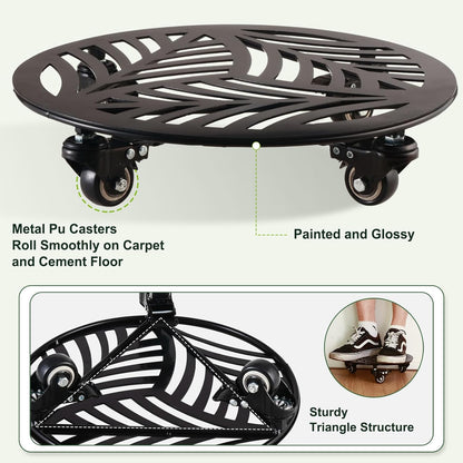 3 Packs Large Metal Plant Caddy with Wheels 13 Inches Heavy-duty Wrought Iron Rolling Plant Stands with Casters Indoor Outdoor Planter Roller Base Plant Movers Black, Strong Load Capacity