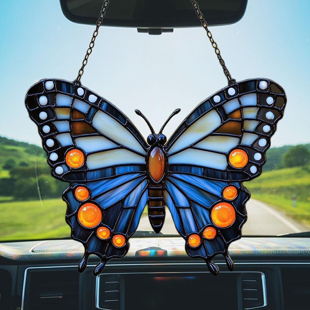 Night Monarch Butterfly Acrylic Suncatcher Stained Glass Effect Window Car Hanging Christmas Ornament Indoor Outdoor Decor Garden Sun Catcher Panel for Butterfly Lover for Women Mom Grandma