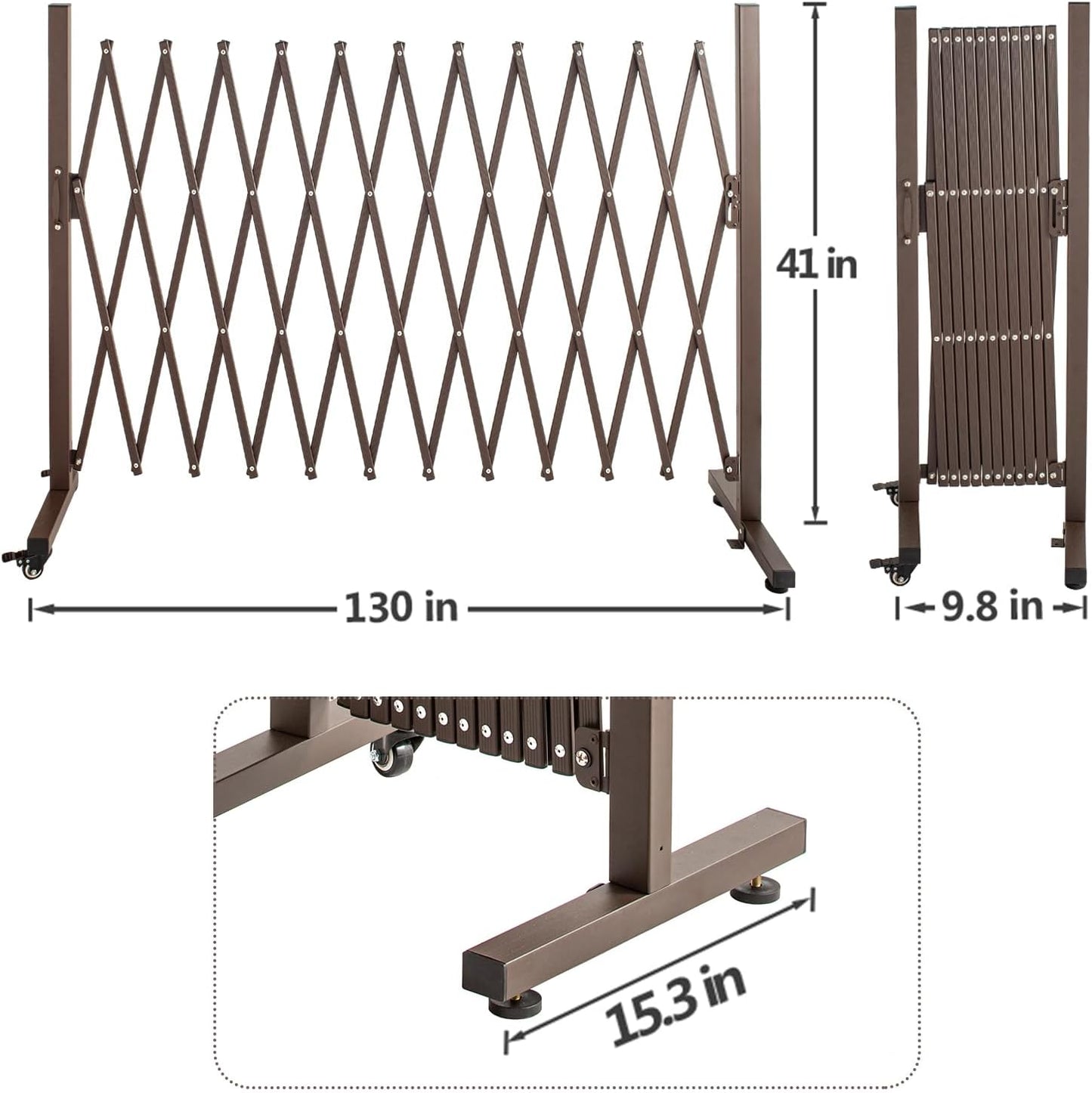 TECSPACE Aluminum Expandable Garden Fence, Portable Barricade Gate with Casters, Adjustable Retractable Fence Mobile Barricade Safety Barrier (Brown, 130×15×41 inch)