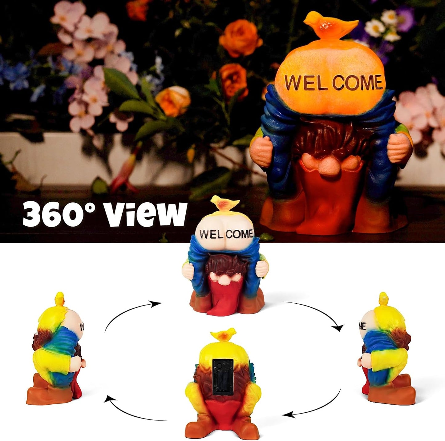 Solar Garden Statues Lights, 8.5" Cute Outdoor Gnome Figurine with Auto On/Off for Yard Patio Decor, Gifts for Women, Grandma, Mom, Housewarming (Welcome Gnome)