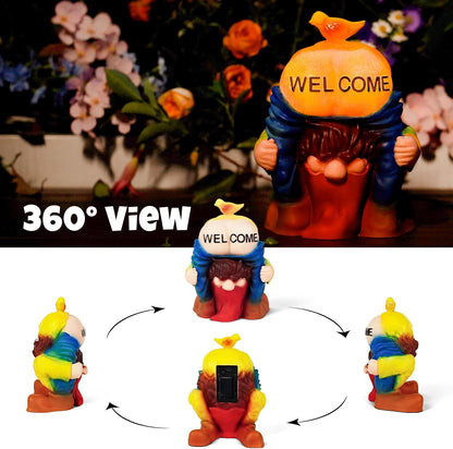 Solar Garden Statues Lights, 8.5" Cute Outdoor Gnome Figurine with Auto On/Off for Yard Patio Decor, Gifts for Women, Grandma, Mom, Housewarming (Welcome Gnome)