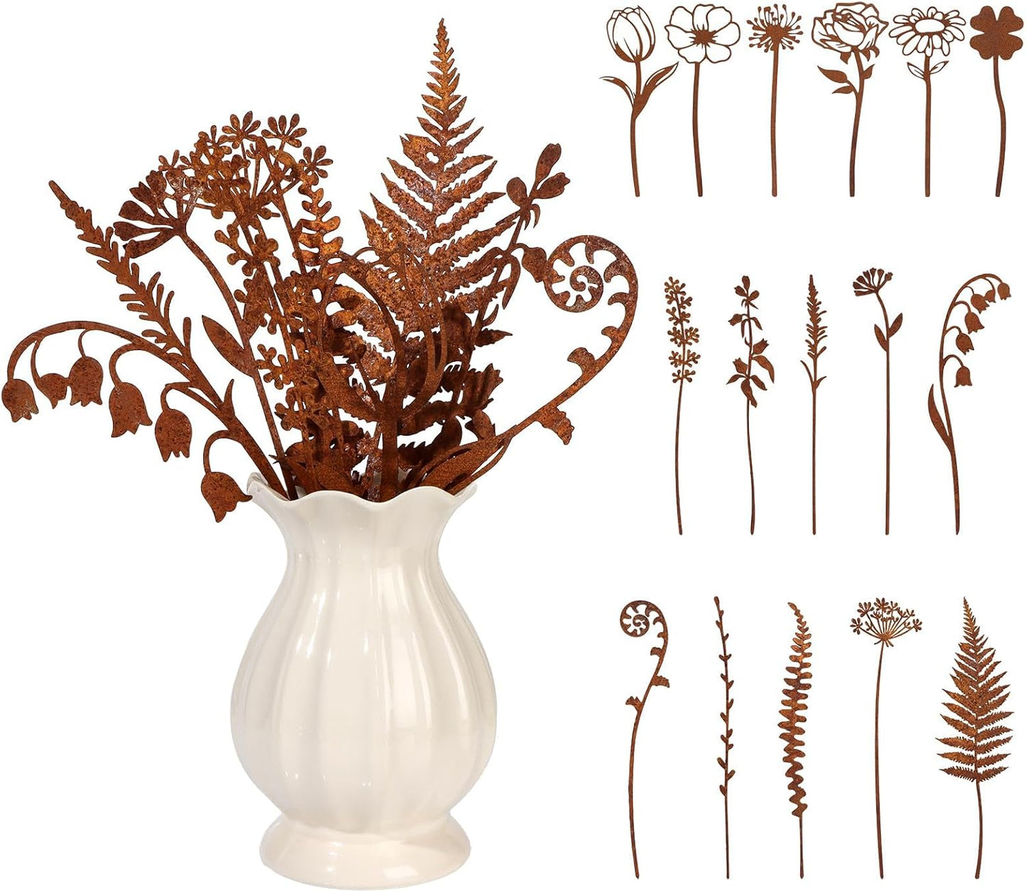 16 Pcs Metal Garden Stakes Decorative Flowers for Outside Rusty Finish Metal Plant Stakes for Indoor Outdoor Lawn Yard Walkway Garden