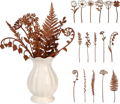 16 Pcs Metal Garden Stakes Decorative Flowers for Outside Rusty Finish Metal Plant Stakes for Indoor Outdoor Lawn Yard Walkway Garden