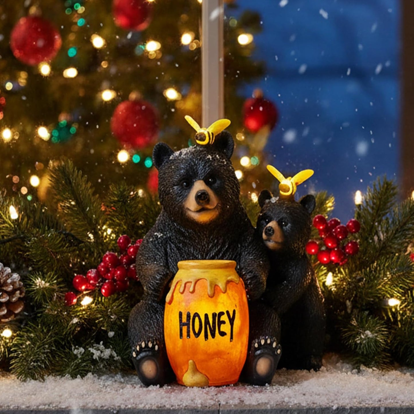 Solar Garden Decor Statues 7" Resin Mother&Cub Bear Figurines with Honey Jar Waterproof Black Bear Decor for Outside Yard Patio Porch Decoration Gift for Mom Grandma