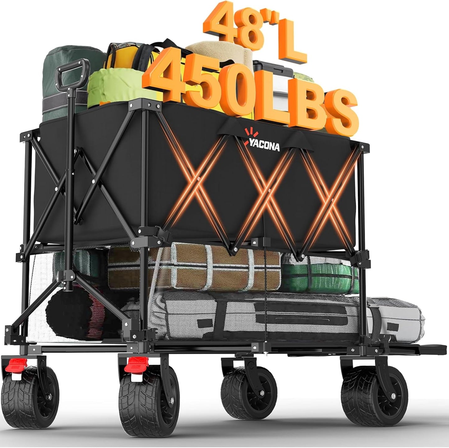 400L Large Double Decker Wagon Collapsible, 450lbs Beach Wagons Carts Foldable Heavy Duty, 54" Extended Utility Folding Cart for Camping, Garden, Sports, Grocery, Shopping