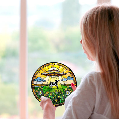 Cow Wildflowers Stained Glass Window Hanging UFO Abduction Sun Catcher Funny Gifts for Women Room Decor Handmade SunCatcher Decoration for Home Window Decor, 7.87inch