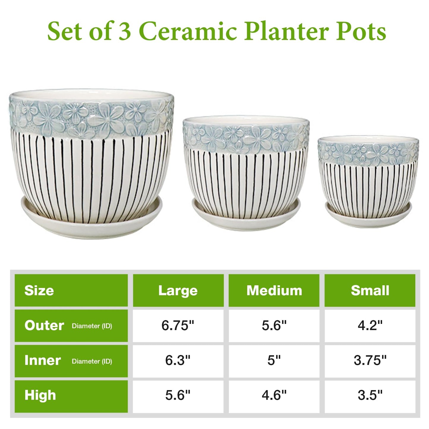 Hlukana Ceramic Plant Pots Set of 3, 6.75/5.6/4.2 inch Planters with Drainage Holes and Saucer