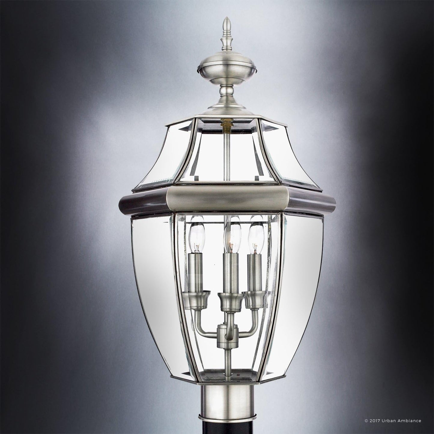 Urban Ambiance Luxury Colonial Outdoor Post Light, Large Size: 23" H x 12.5" W, with Tudor Style Elements, Versatile Design, Classy Aged Silver Finish and Beveled Glass, UQL1151