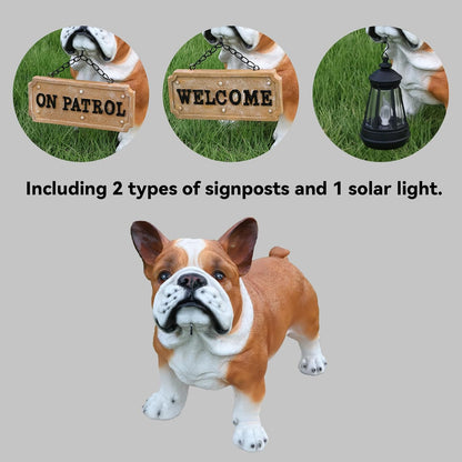 French Bulldog Outdoor Dog Statue with Reversible “Welcome/ON Patrol” Hanging Plaque and Solar Walkway Lantern, Brown & White Standing Yard Accent